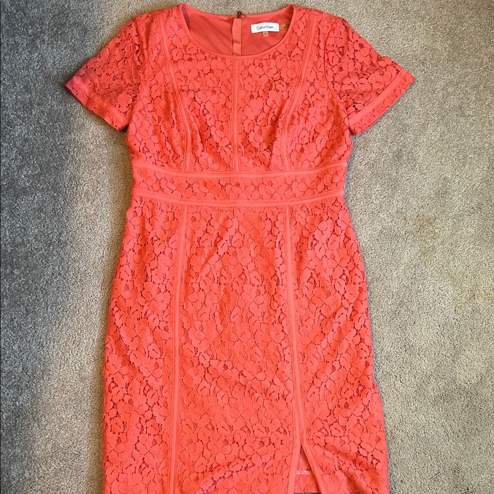 Calvin Klein Lace Short Sleeve Coral Dress